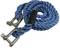 A thick blue rope with two silver metal hooks.