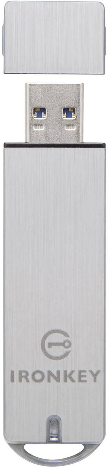 Metal USB stick with a removable protective cover. Inscription 'IronKey'.