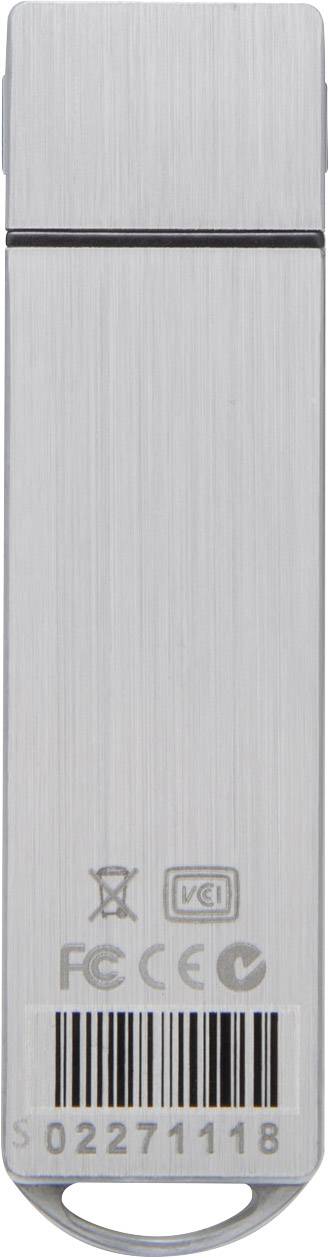 Metal USB drive with various certification logos and a barcode on the front side.