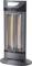 A sleek, black fan heater with vertical heating elements, suitable for indoor use.