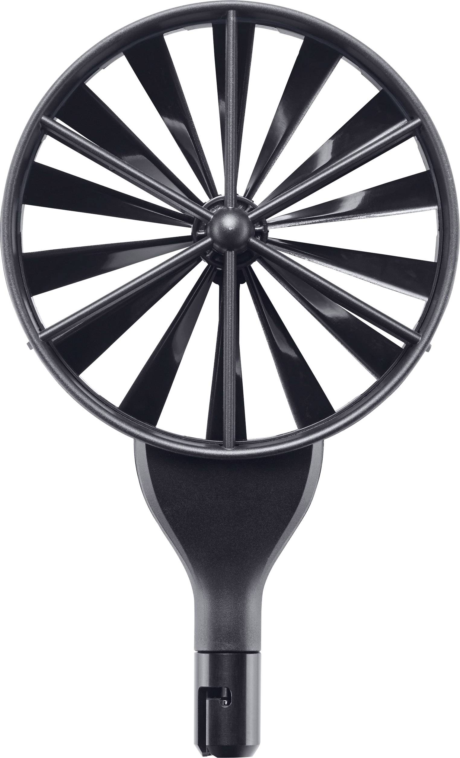 Black hand-held fan with 13 rotor blades and ergonomic handle, suitable for portable cooling in warm environments.