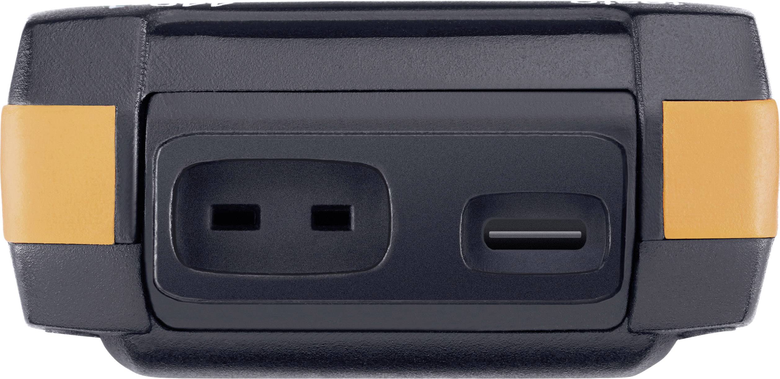 A black electronic device with orange edges. Two ports visible: a wider port on the left and a narrower port on the right.