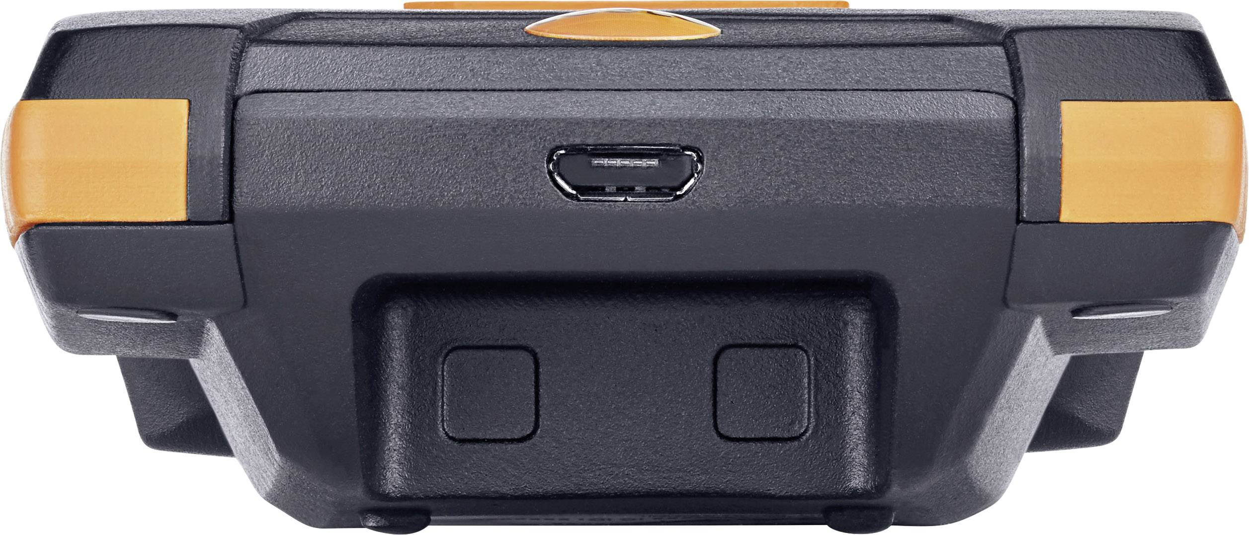 A device with a robust design, featuring grey and orange accents. A USB port is visible at the top.