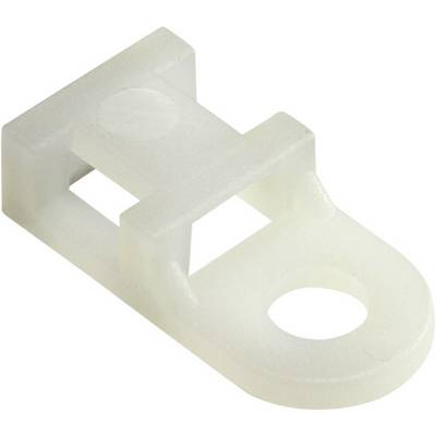 A white plastic component with a rectangular base and a rounded tab with a hole, potentially a mounting element.