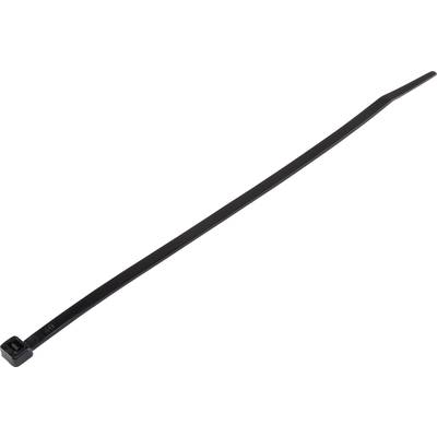 A black plastic cable tie, narrow and elongated in shape, with a locking mechanism at the end for securing objects.
