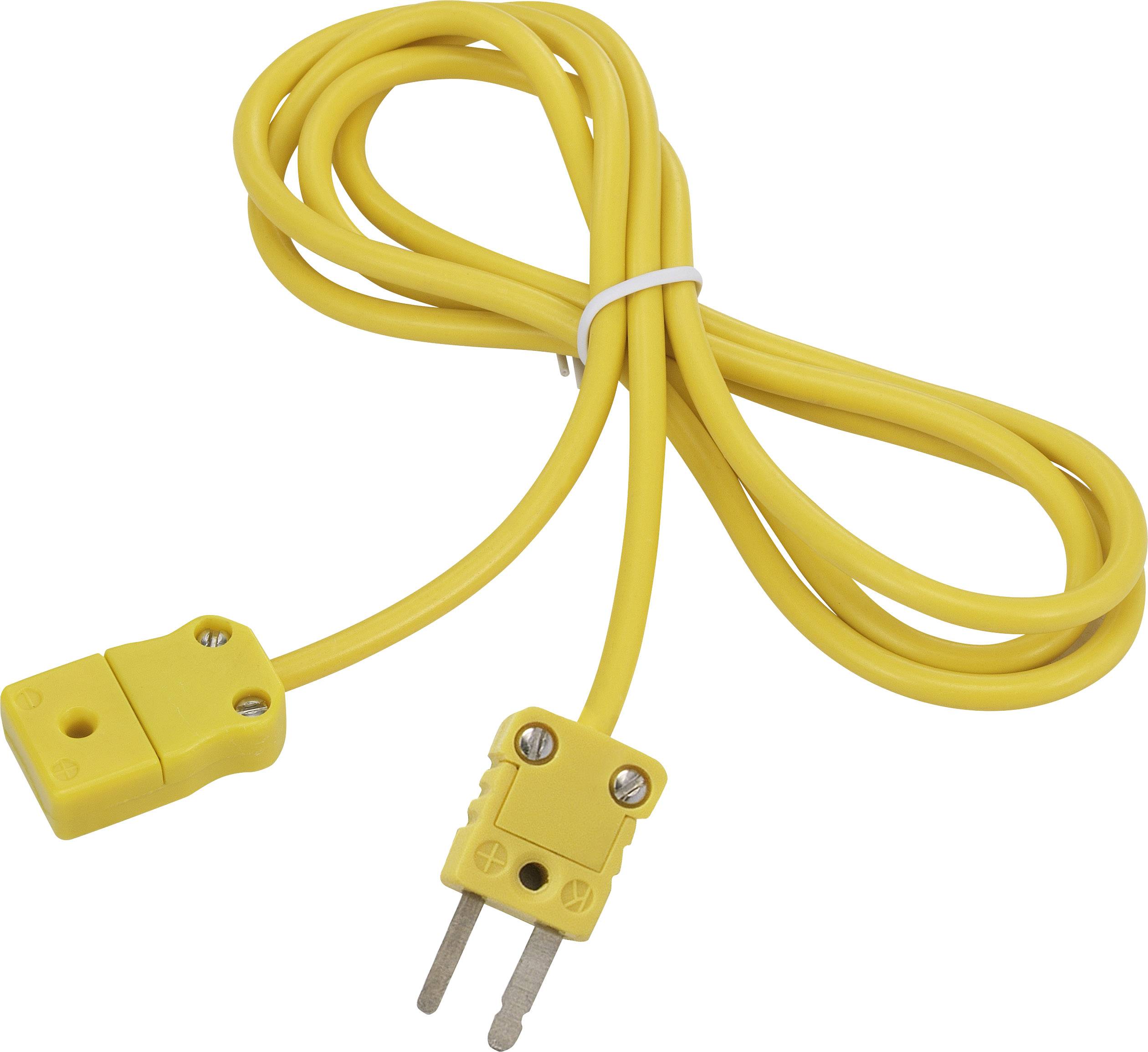 A yellow thermocouple cable with a flat plug and a connector shows technical equipment for temperature measurement.