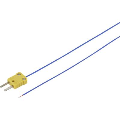 Yellow K-type thermocouple with two blue cables, used for temperature measurement in industrial applications.