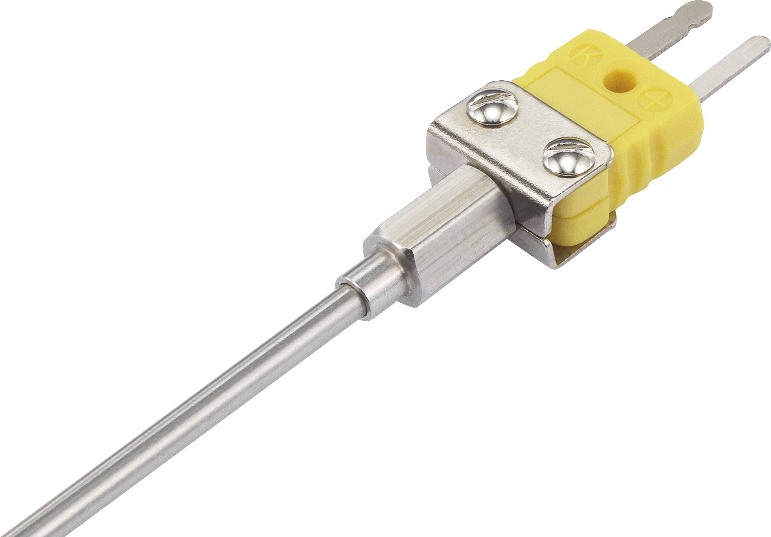 Thermocouple with yellow plug and two contacts, for temperature measurement in industrial applications.