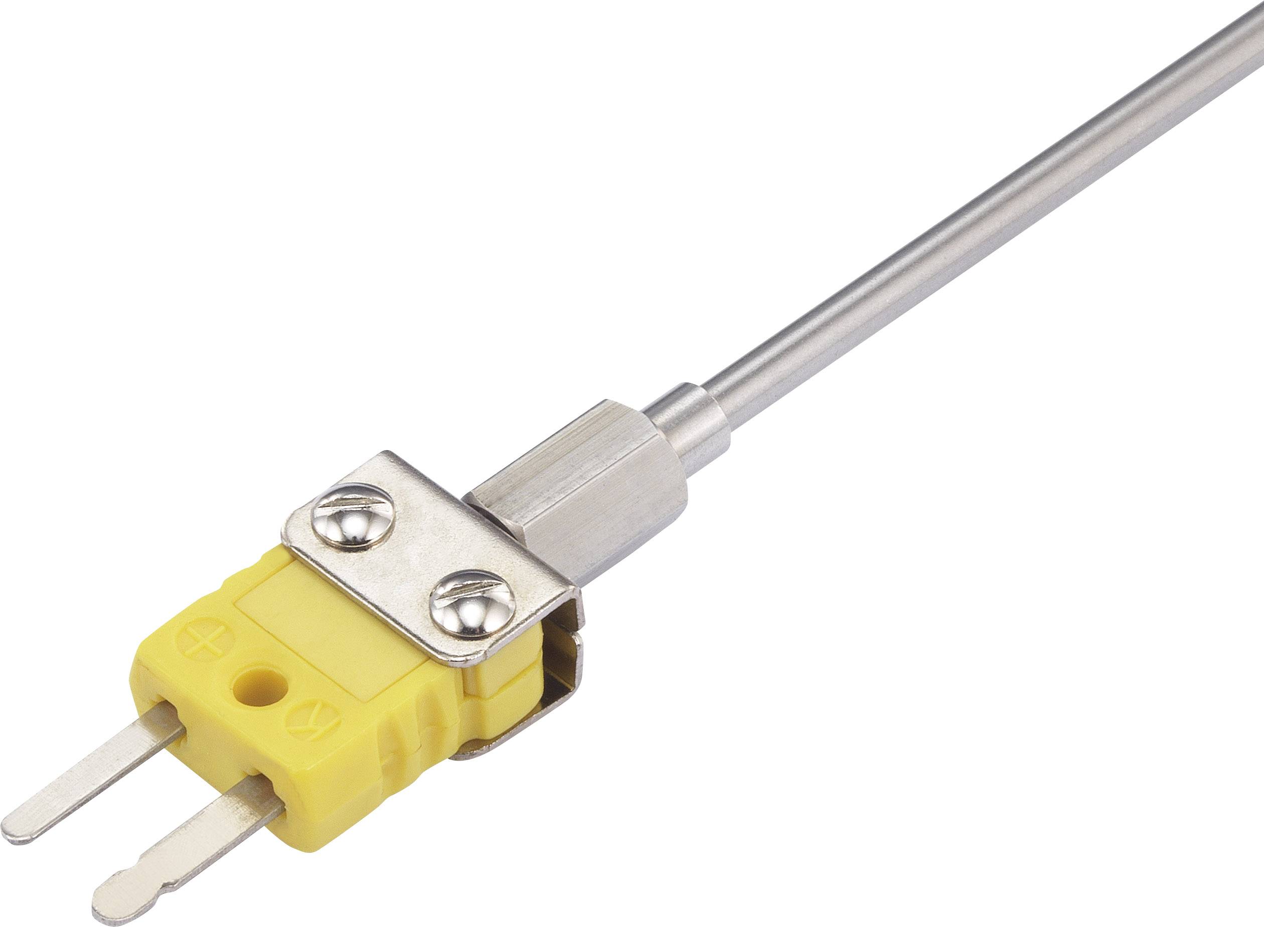 A yellow thermocouple plug with two metal pins, connected to a long, slender metal rod for temperature measurements.