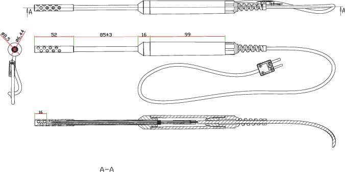 Technical drawing of a tool with cable and plugs. Detailed dimensions and cross-sectional views are shown.