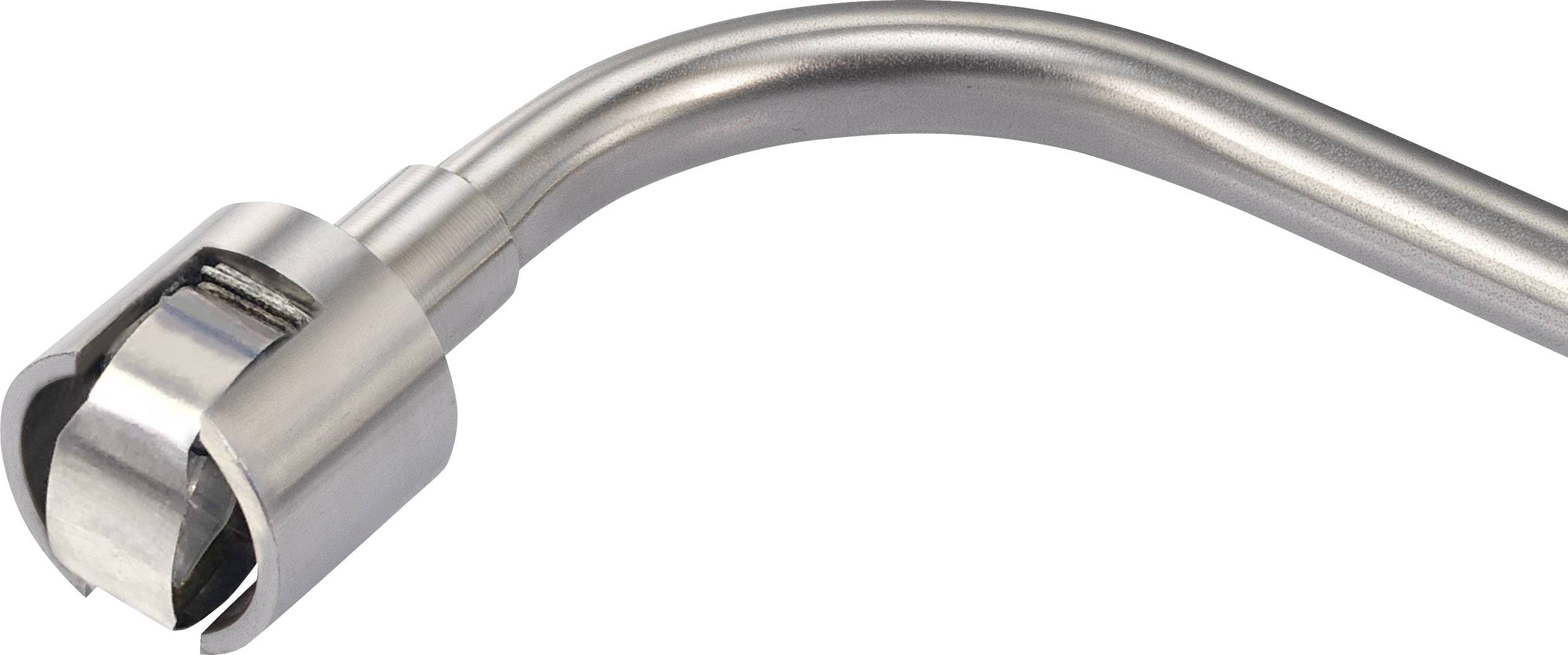 Silver-coloured tap with a curved spout, suitable for modern kitchen or bathroom fittings.