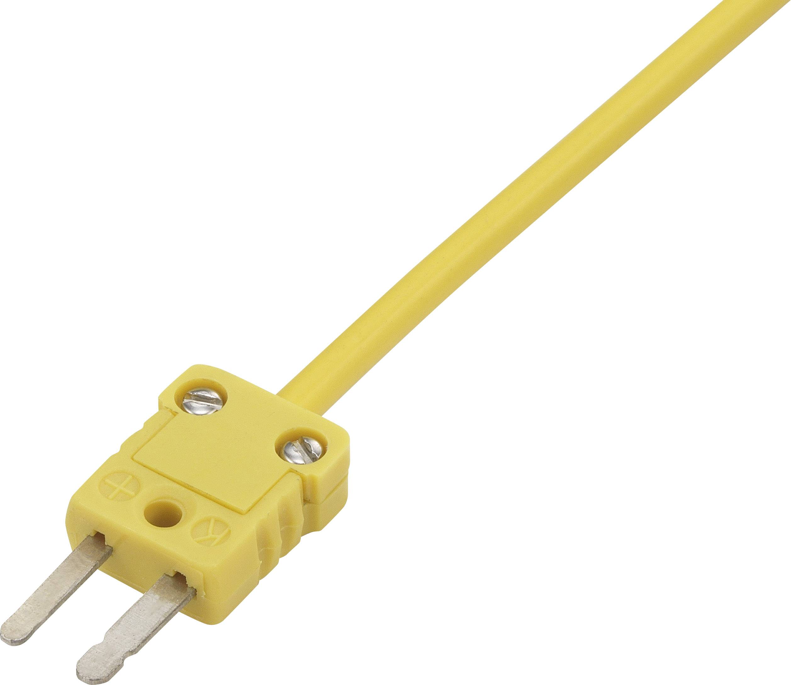 A yellow thermocouple cable with a rectangular plug featuring two metal pins.