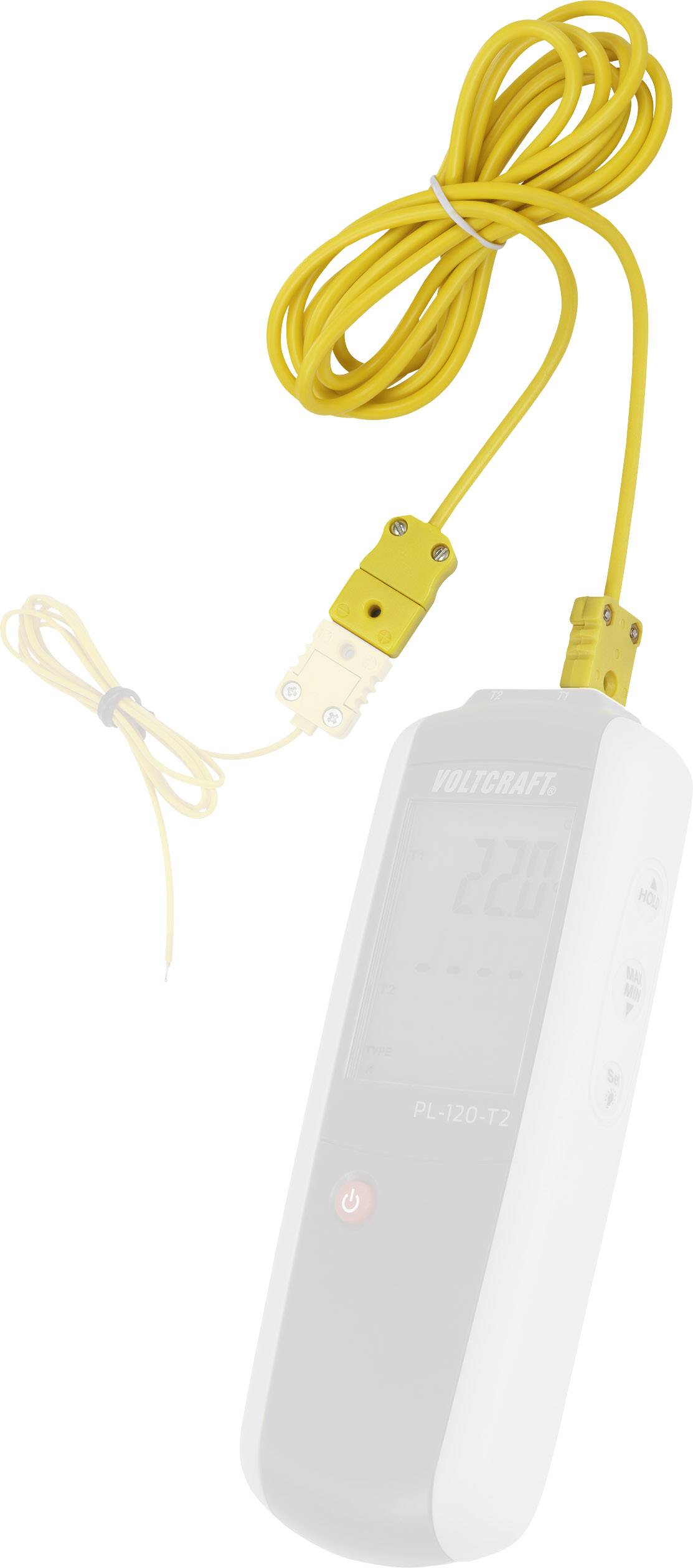 A digital thermometer with a yellow cable and plug displays '22.0'. The device is made by VOLTCRAFT and is used for temperature measurements.