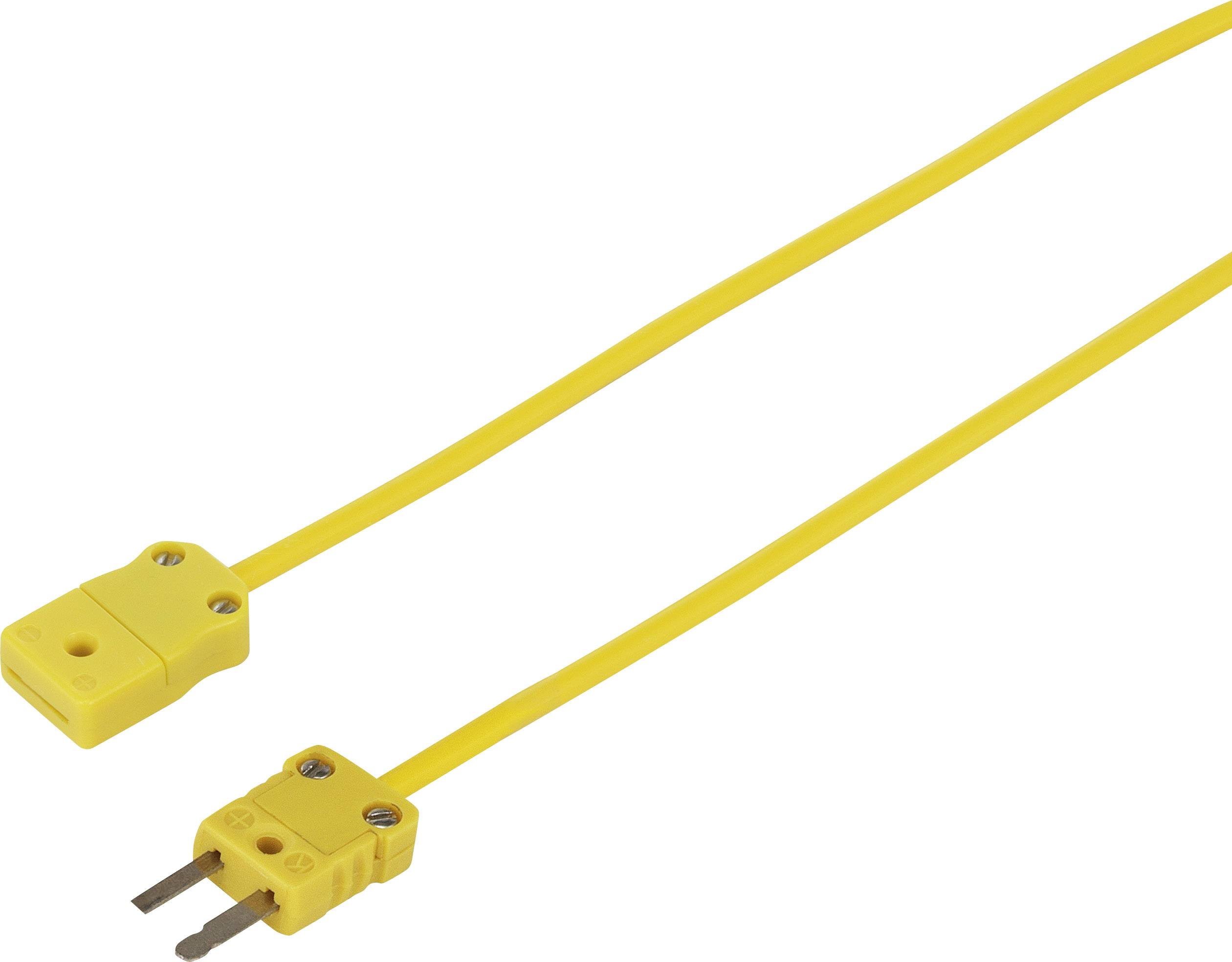 Yellow Type K thermocouple with two metal pins and an insulating connector, used for temperature measurement in scientific applications.