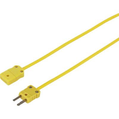 Yellow Type K thermocouple with two metal pins and an insulating connector, used for temperature measurement in scientific applications.