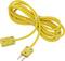 Yellow thermocouple with two metal tips and a rectangular plug, coiled. Used for temperature measurement.