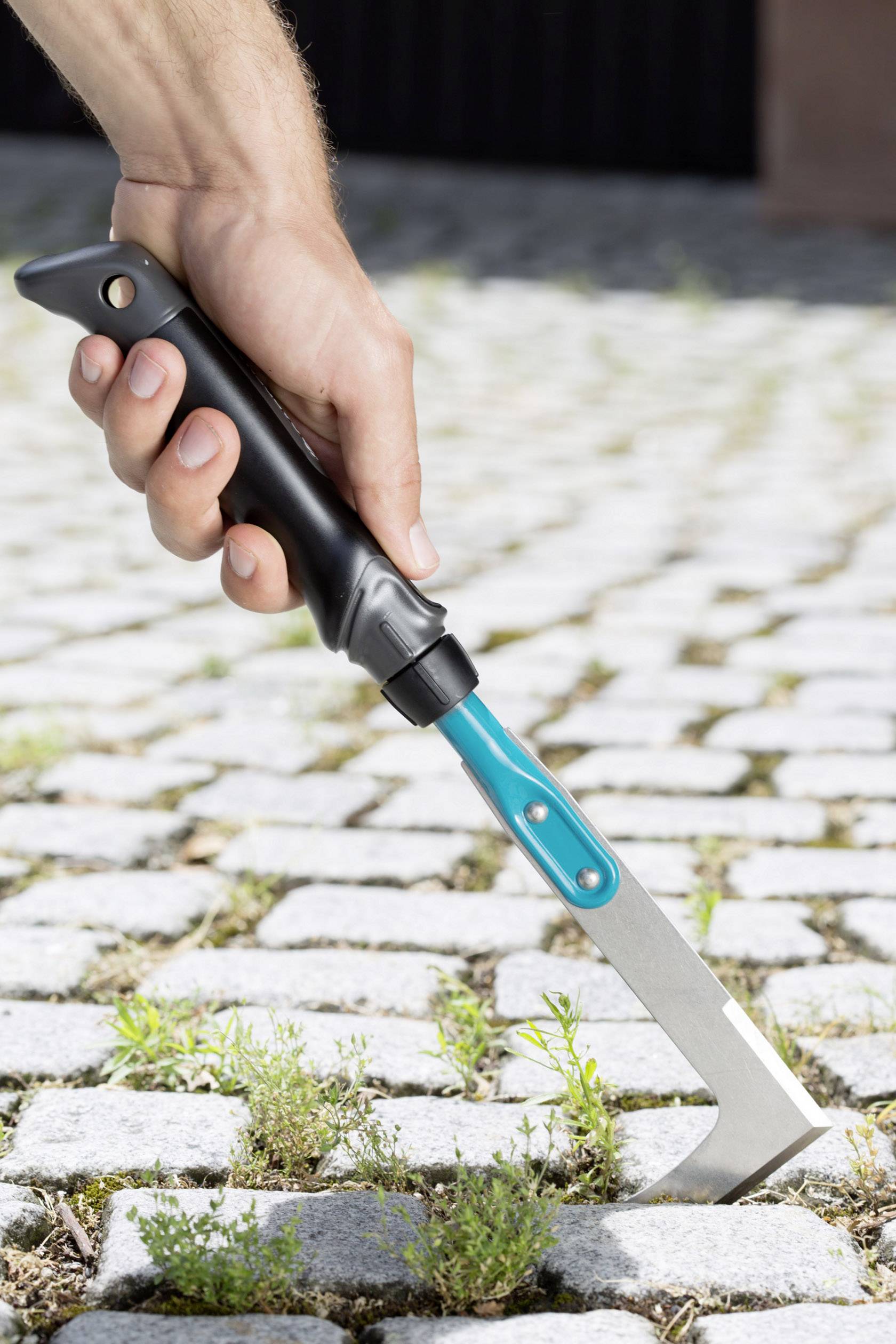 A hand holds a joint scraper tool and removes weeds between paving stones on a pathway.