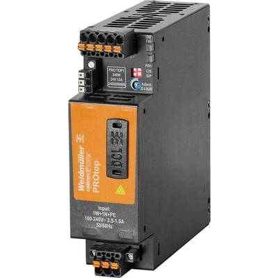 Power supply unit with the inscription 'Weidmüller PROtop', input 100-240V, output 24V, suitable for industrial applications.