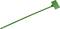 Green plastic cable tie with a rectangular locking section, commonly used for securely bundling or marking items.