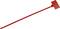 Red cable tie with a rectangular locking piece, lying on a white background.