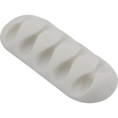 A white, wavy silicone cable holder with five slots for organising and securing cables on a desk.