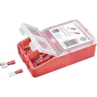 Red plastic packaging with open clips and connections. Label reading 'Flat Spade Terminal Set - Red'.