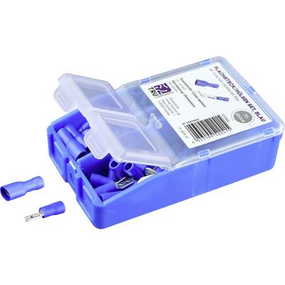 Blue plastic box with various blue connectors, lid open, contains 70 parts. Packaging label visible on the box.
