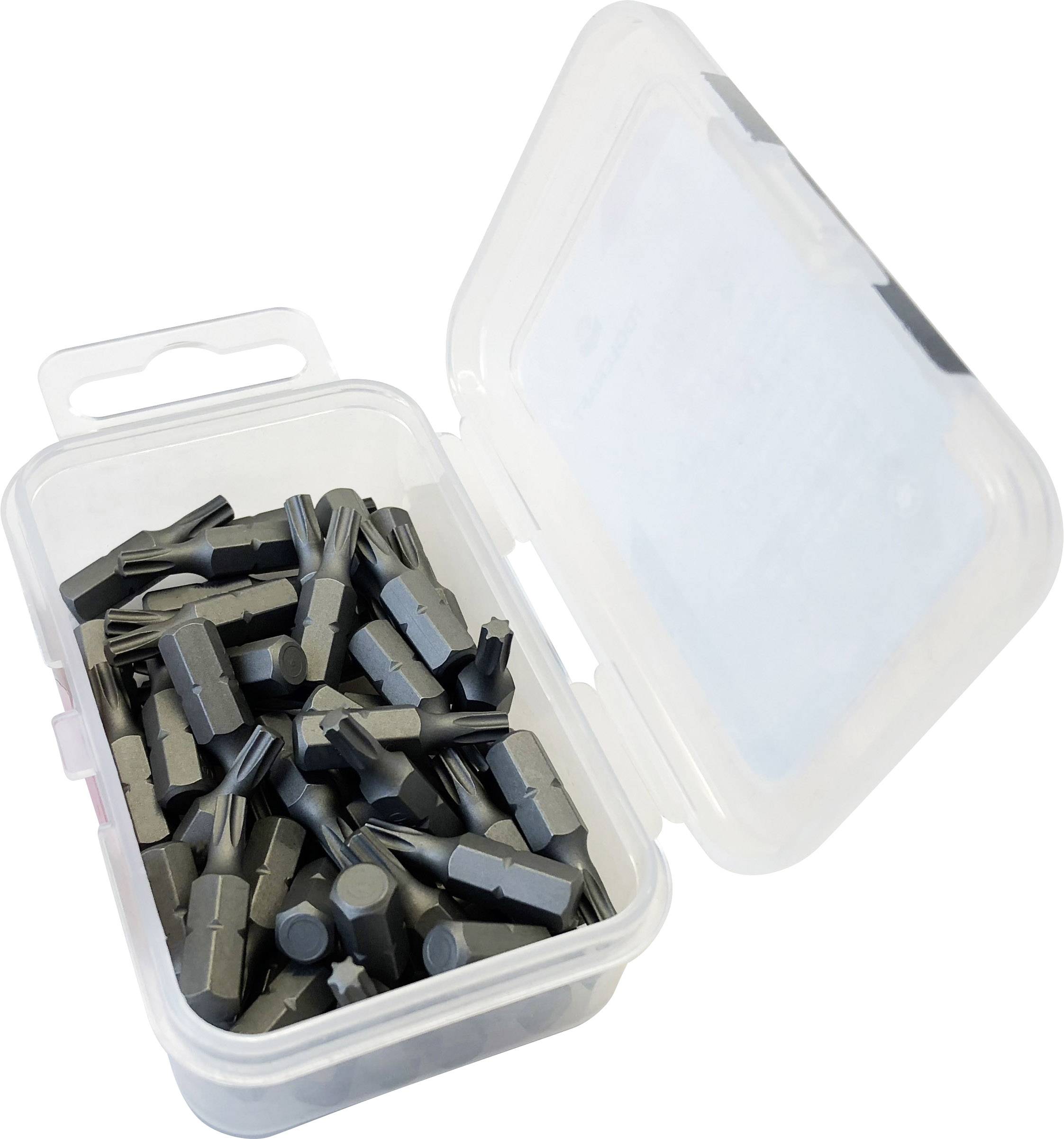 An open plastic box with numerous black wall plugs. The box has a handle and contains a large quantity of identical fixing elements.
