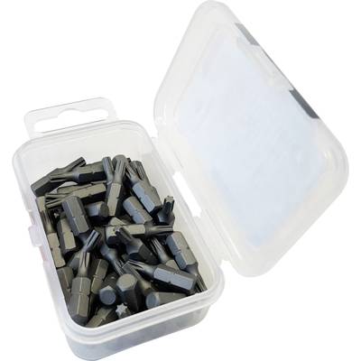 An open plastic box with numerous black wall plugs. The box has a handle and contains a large quantity of identical fixing elements.