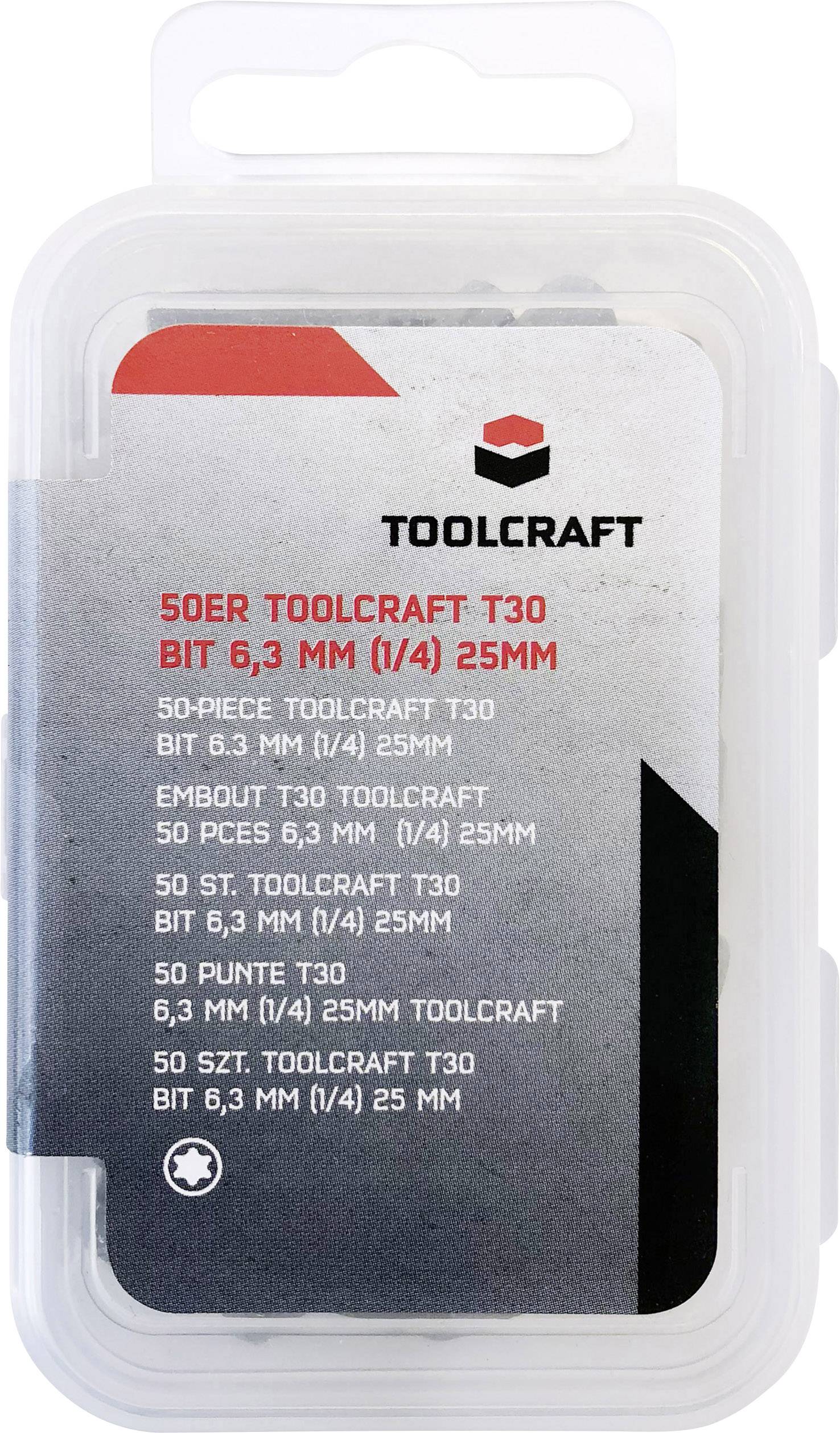 Plastic packaging of 'Toolcraft T30' screwdriver bits, 50 pieces, size 6.3 mm (1/4) and length 25 mm.
