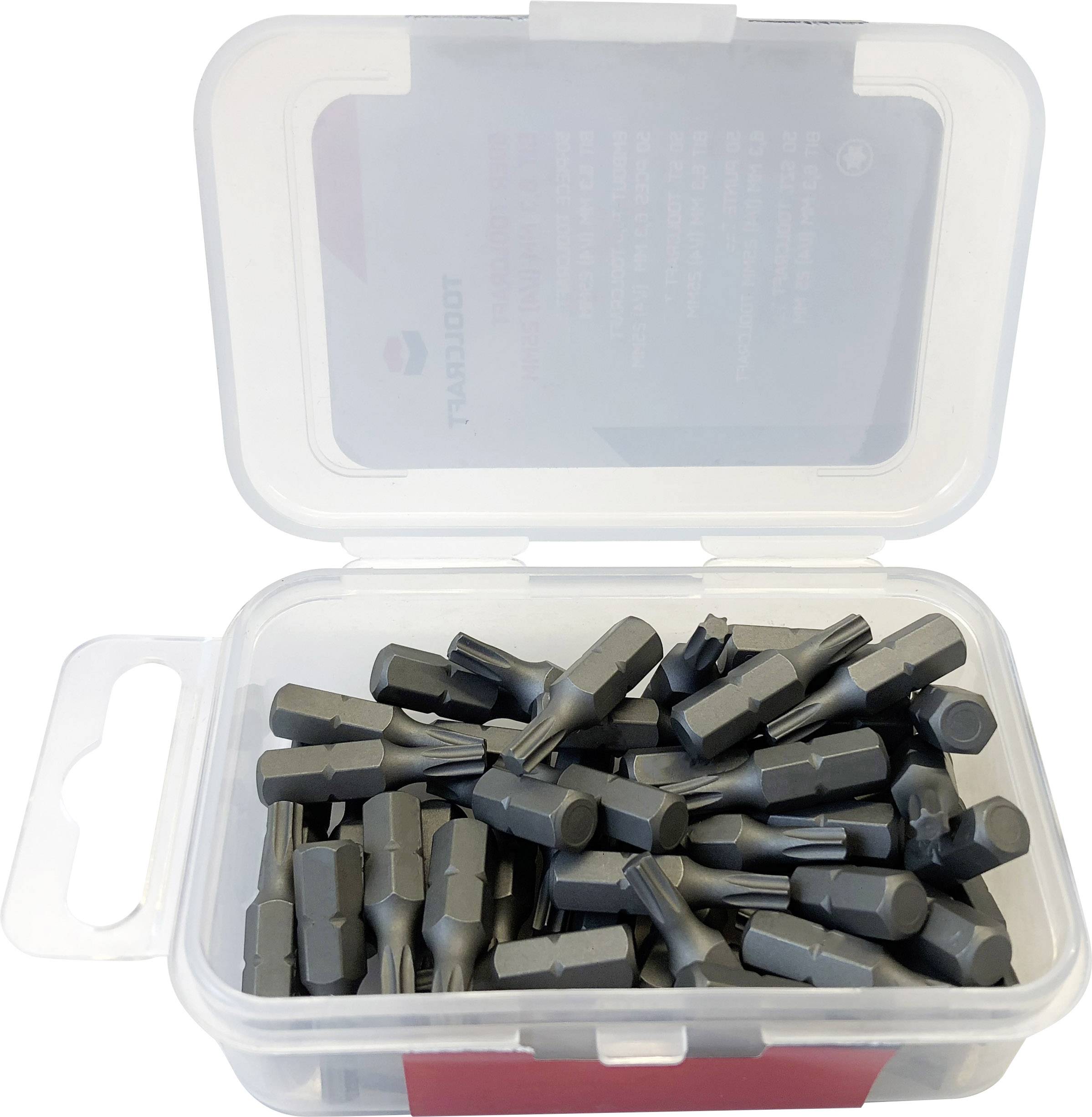 A opened plastic box contains many grey screwdriver bits.