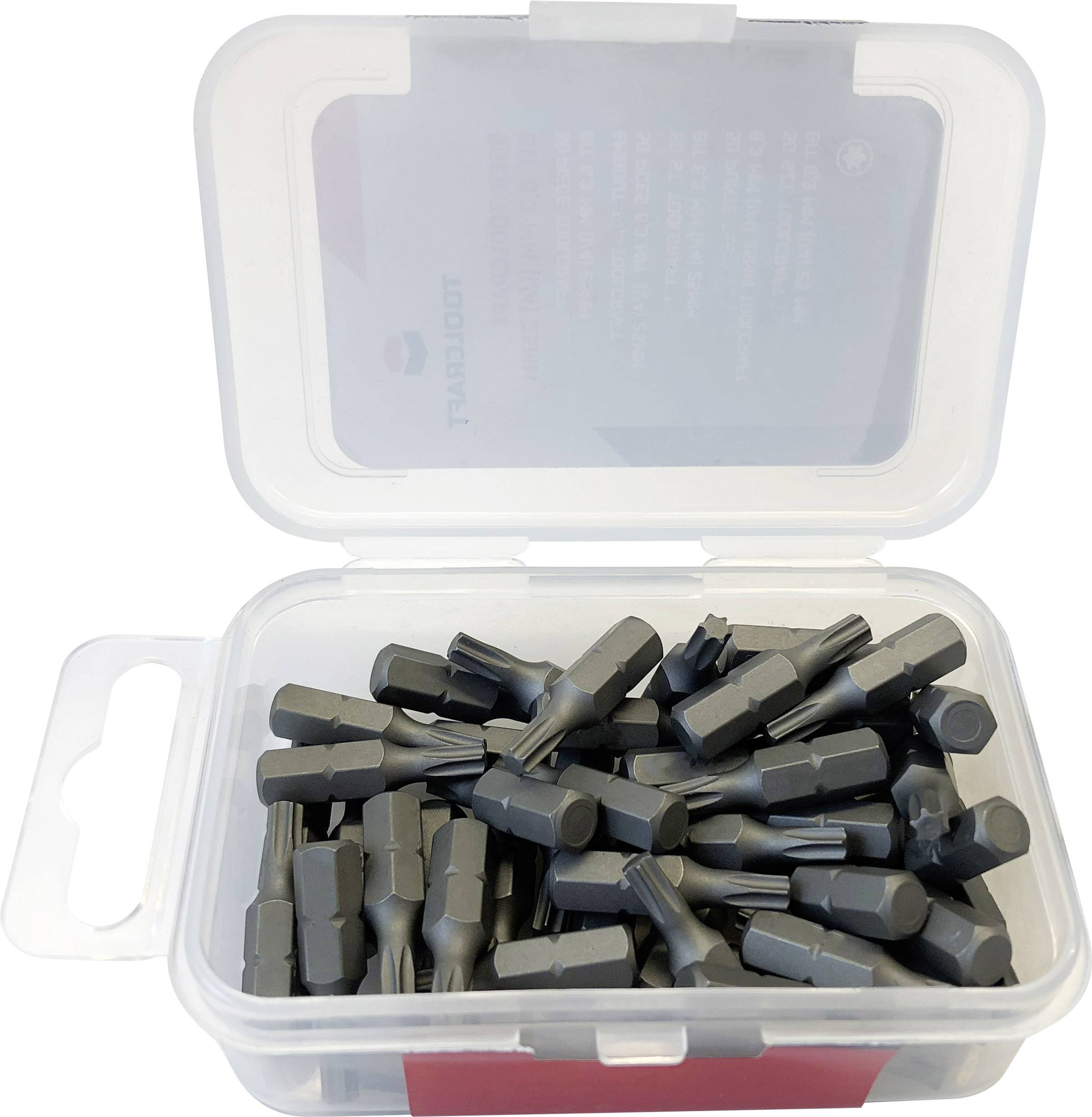 A plastic storage box with an open lid, filled with grey screwdriver bits.