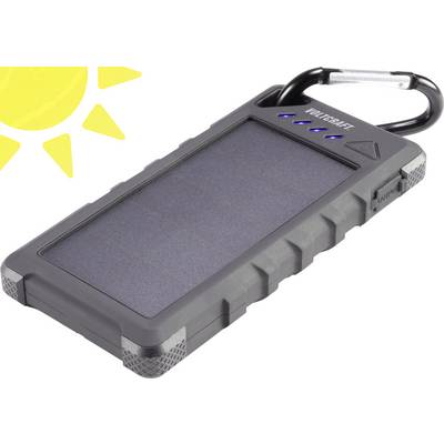A portable solar power bank with a carabiner hook, LED charge level indicators, and robust design for outdoor use.