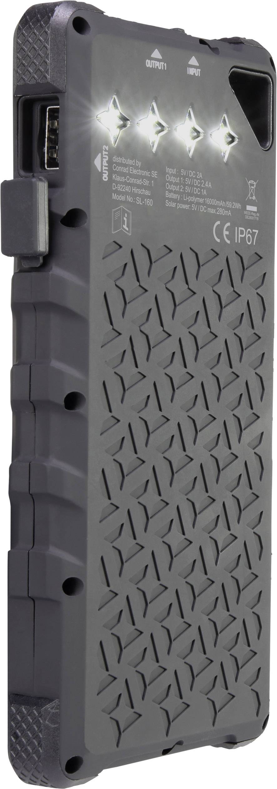 Black power bank with LED display and structured design, robust and weatherproof, suitable for outdoor activities.