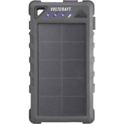 A portable, robust power bank by Voltcraft with a solar panel and four blue LED indicators on the top side.