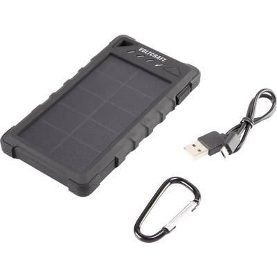 Portable solar charger pictured with USB cable and carabiner hook. The device features a solar panel for energy generation.