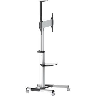 A silver mobile screen stand with wheels and an adjustable mounting bracket, featuring a storage surface in the middle.