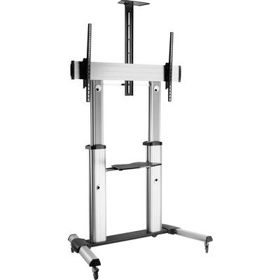 Mobile metal TV stand with adjustable mounting brackets, four castors, and an accessory shelf.