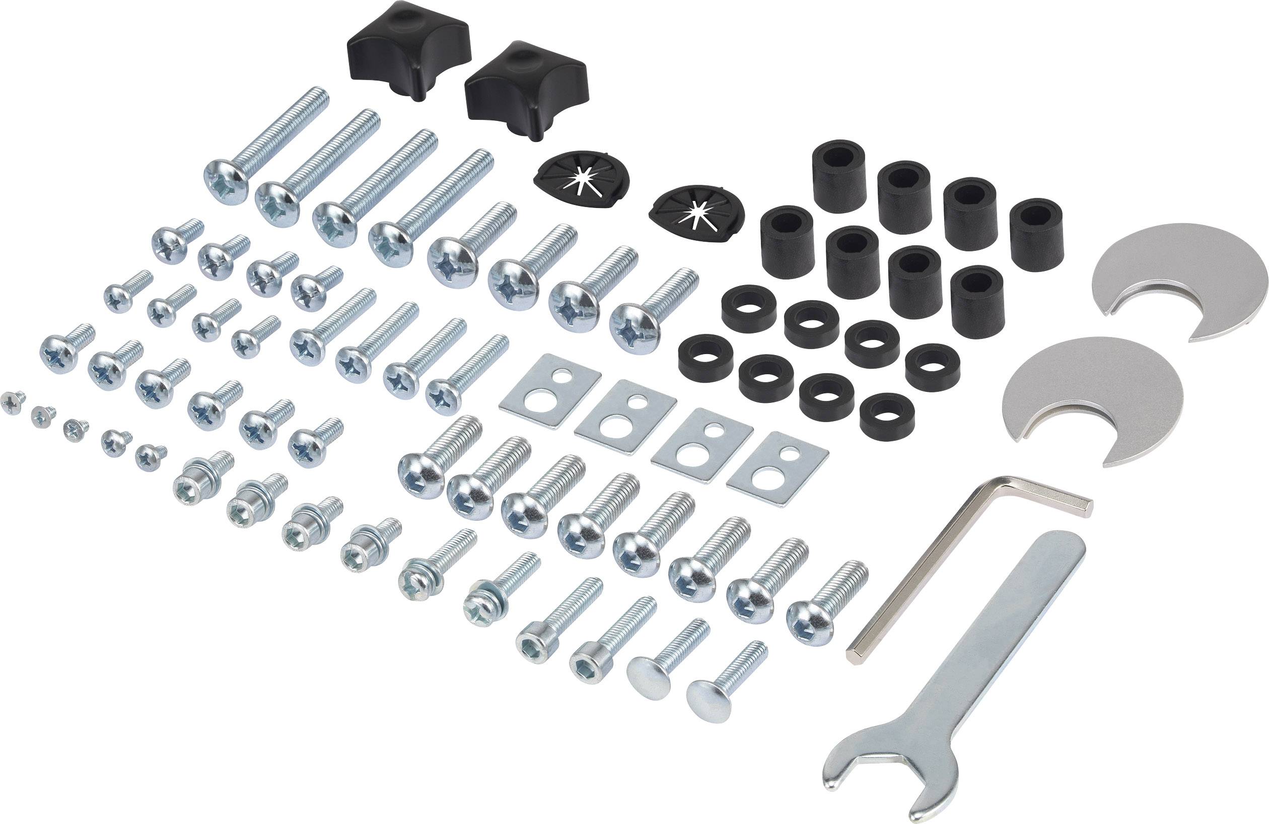 A set of various screws, nuts, washers, and tools, neatly arranged on a white surface.