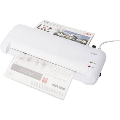 A white laminating machine is laminating a document. A laminated card lies on the table. Two LED indicators are illuminating green and red.