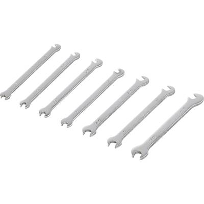 Six silver fork keys in ascending size, lying side by side, on a white background.