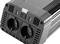 'Black voltage converter with two plug sockets and USB ports, suitable for connecting electrical devices while travelling.'