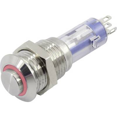 Silver momentary push button switch with red LED ring and three electrical connectors. Suitable for electrical devices and machine control.