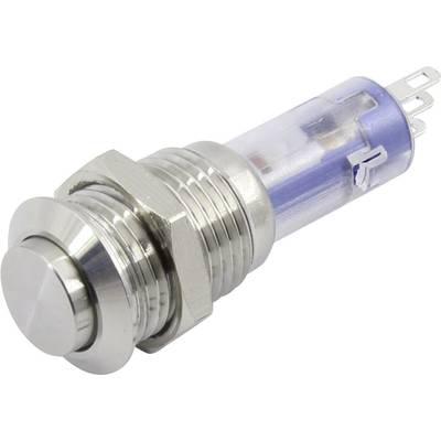 A round metal switch with a blue plastic housing, revealing electronic contacts, possibly a push-button switch.