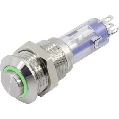 A metallic, cylindrical push button with a green illuminated ring is shown. The button has multiple connection contacts.