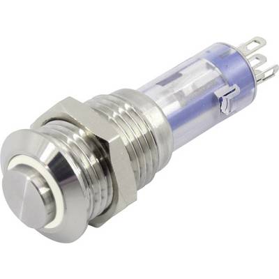 A silver LED push button with a blue housing and three connection pins, suitable for electrical circuits and controls.