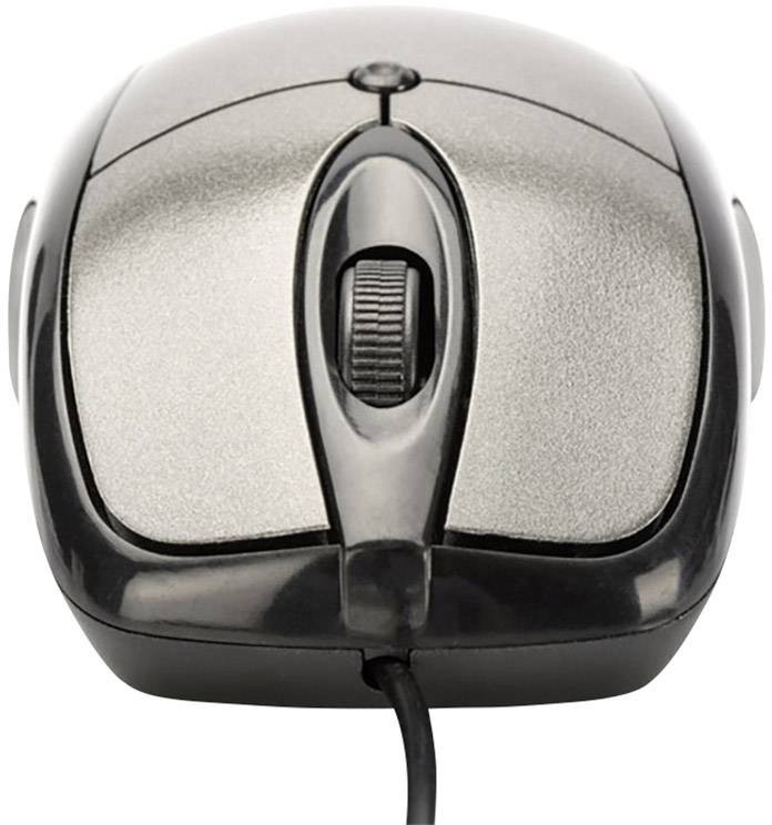 A silver, wired computer mouse with a scroll wheel is seen from above.