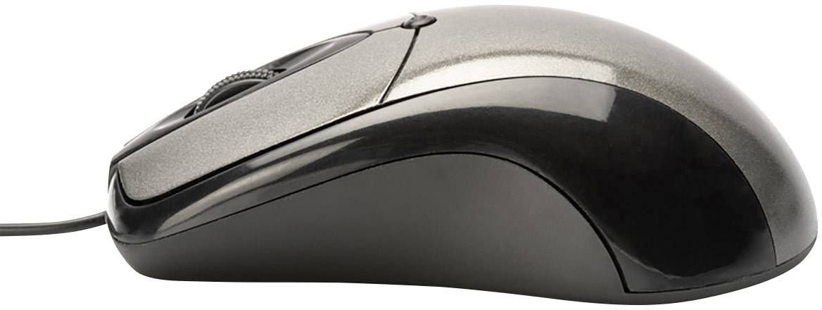 Black and grey computer mouse in side profile, showing ergonomic design with cable at the front.