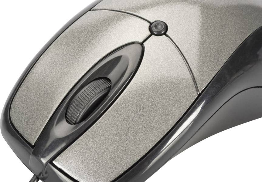 A silver computer mouse with a scroll wheel and two buttons, shown at an angle from above.