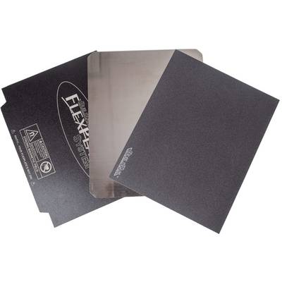 Three black 3D printer build plates, one transparent, partially printed with brand and warning labels, on a white background.